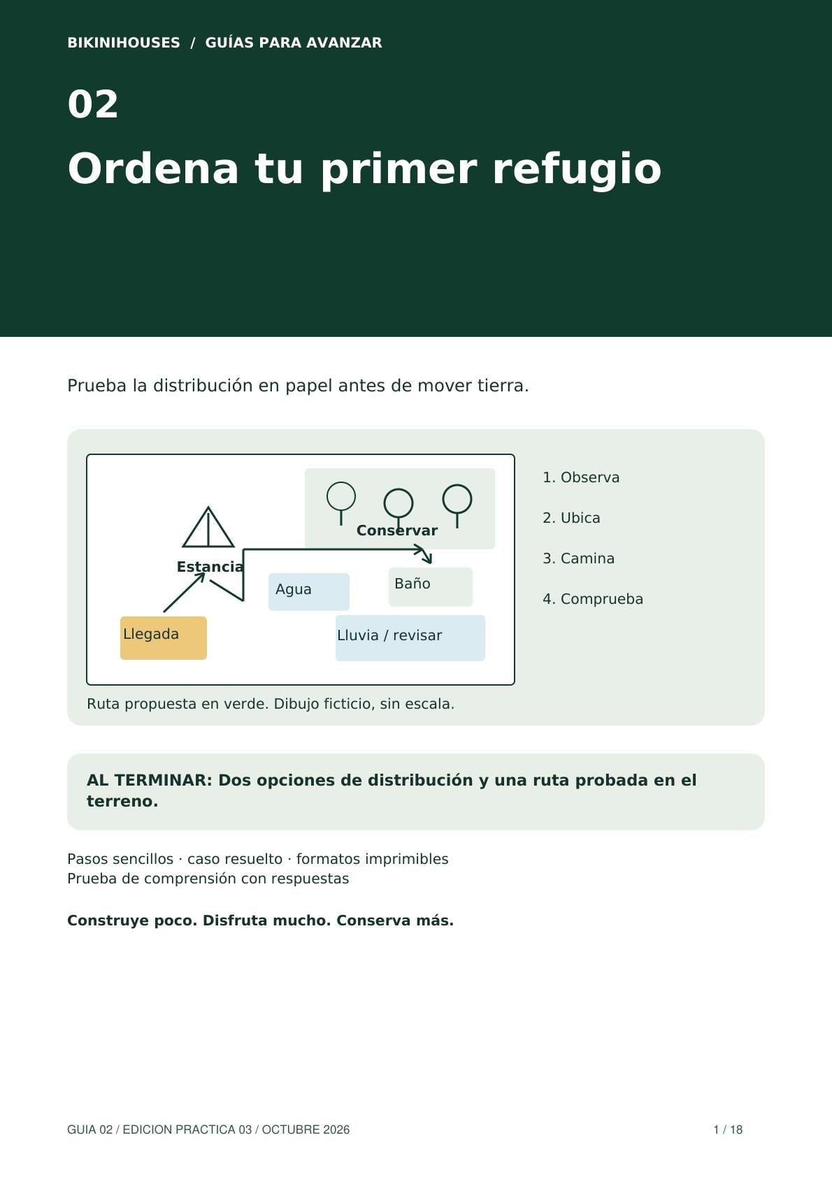 Guía 02 · Layout de tu terreno: organiza tu primer refugio · 18 páginas