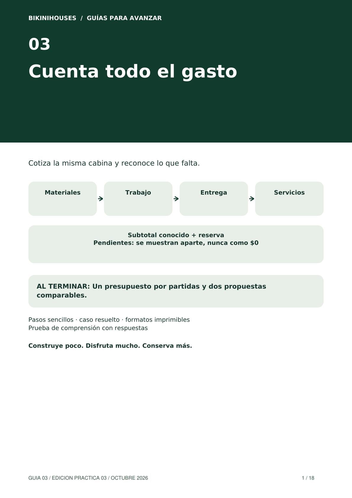 Guía 03 · Presupuesto de tu primera cabina: cotiza sin olvidar partidas · 18 páginas