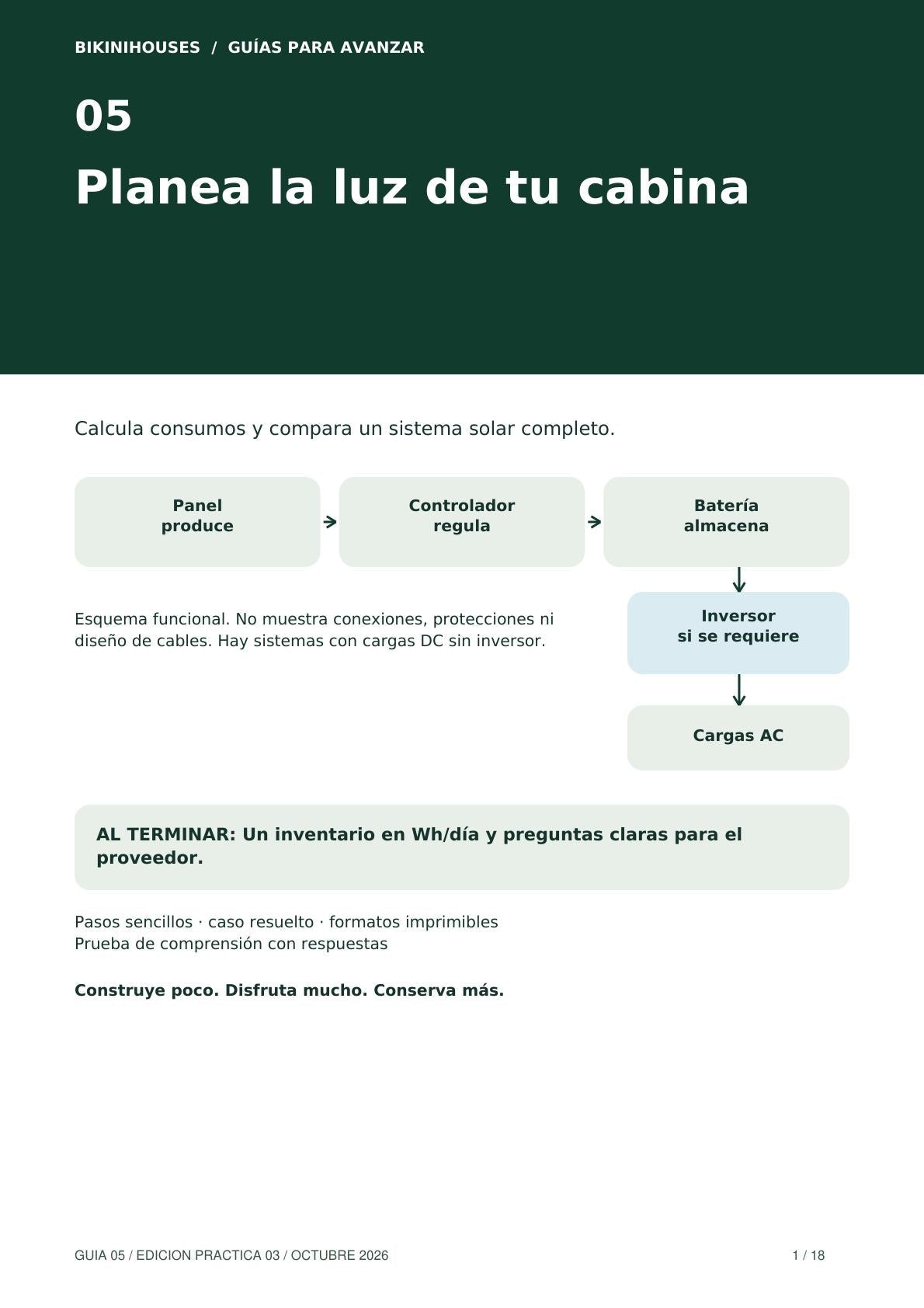 Guía 05 · Energía solar para tu cabina: calcula y compara · 18 páginas