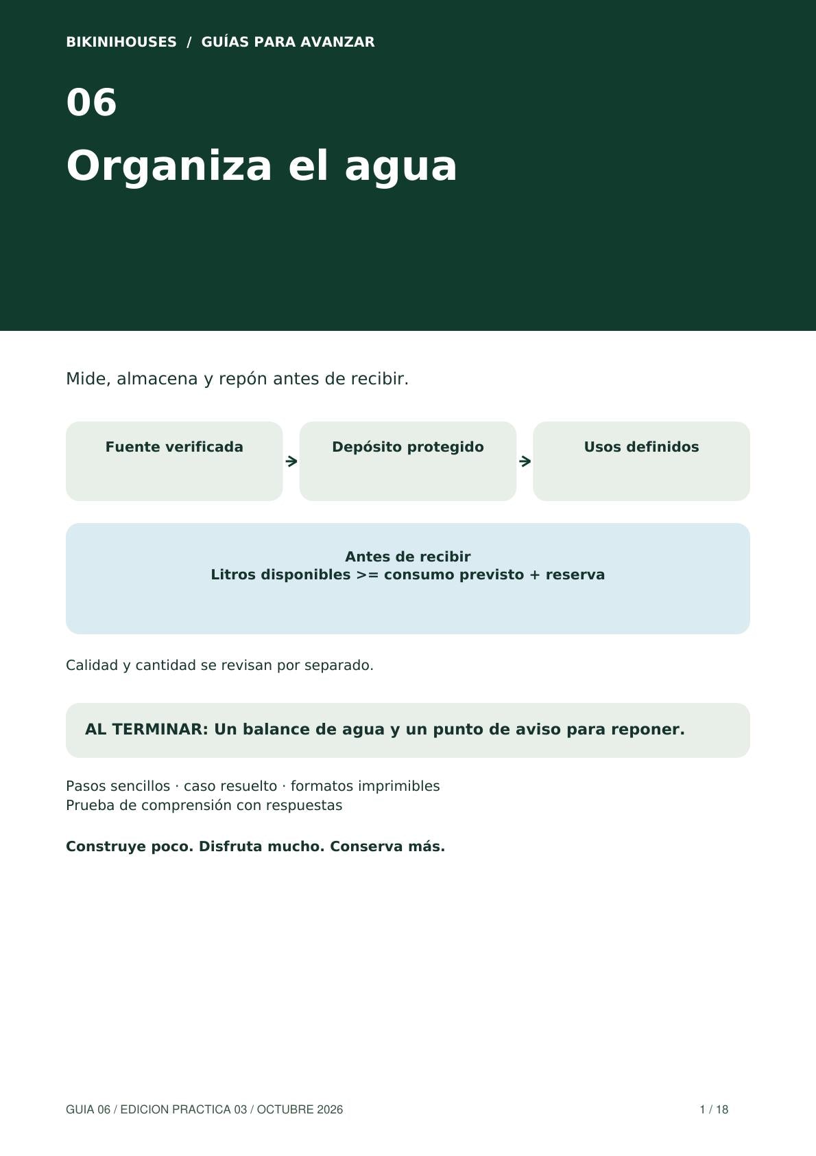 Guía 06 · Agua para tu refugio: calcula almacenamiento y organiza el servicio · 18 páginas