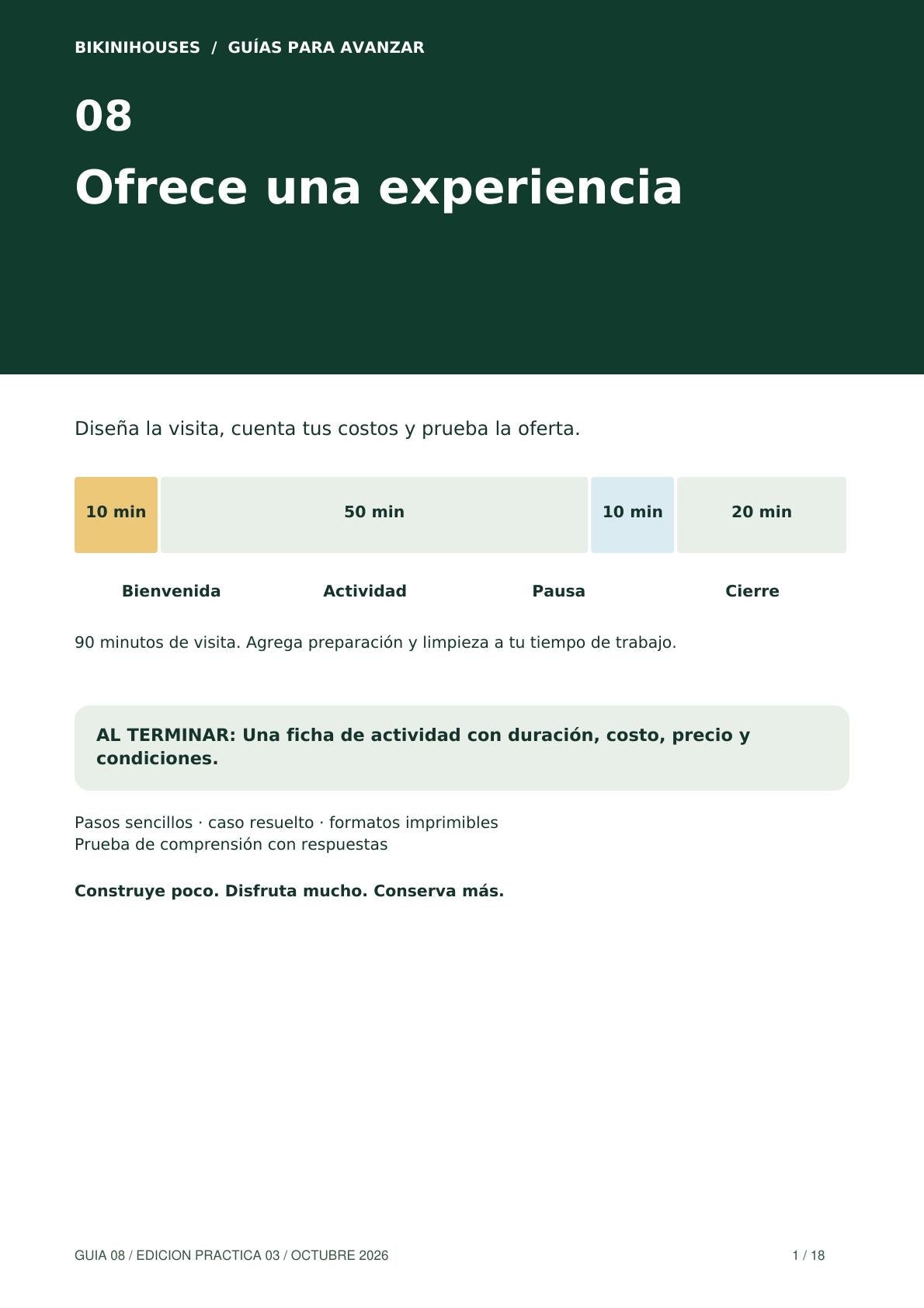 Guía 08 · Tu primera experiencia de naturaleza: diseña, costea y vende · 18 páginas